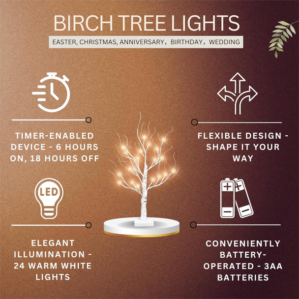 Zcdl White Birch Tree - 2FT 24 LED Birch Tree with Lights, Flexible Branches and Timer, Warm White Lighted White Tree, Tabletop Christmas Tree for Home Christmas Halloween Party Decorations (1 Pack)