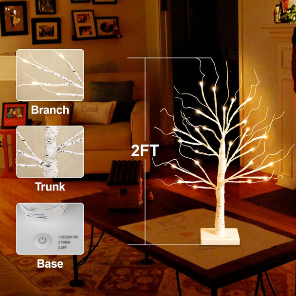 Lighted Birch Tree for Christmas Decorations 2FT Tabletop Light up Birch Tree with 24 LED Lights Mini Christmas Tree Decor for Indoor Home Table Decor Battery Operated (Warm White, Timer)