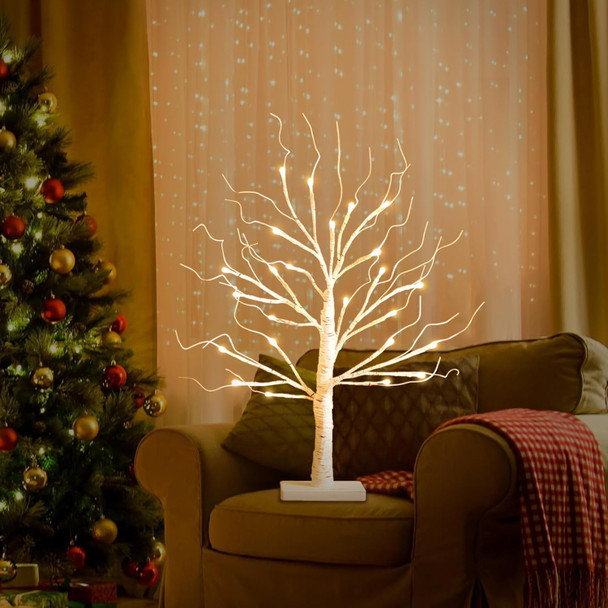 Lighted Birch Tree for Christmas Decorations 2FT Tabletop Light up Birch Tree with 24 LED Lights Mini Christmas Tree Decor for Indoor Home Table Decor Battery Operated (Warm White, Timer)