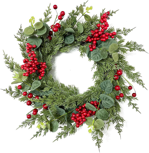 18-Inch Christmas Wreath with Red Berries Eucalyptus and Cedar Leaf - Artificial Holiday Wreath for Front Door, Wall, and Home Decoration