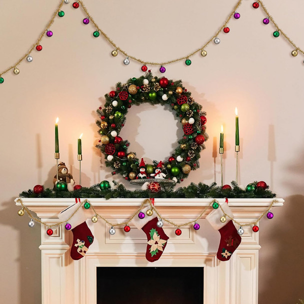 16 ft Christmas Ball Garland Ball Ornaments Colorful Christmas Tree Ball Decorations Red Green Gold Tinsel Xmas Tree Balls Garland for Christmas Tree Fireplace Wreath Decor Indoor Outdoor Home Office