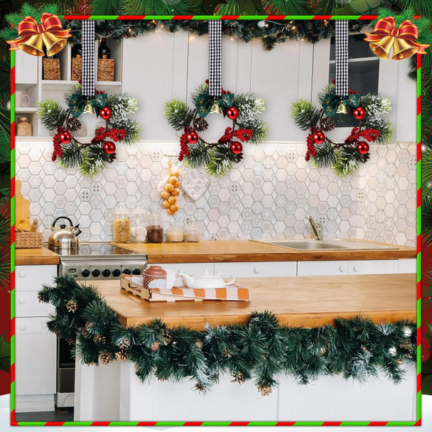 Zeyune 12 Pcs Christmas Kitchen Cabinet Wreaths with Plaid Bow Ribbon Hanging Cabinet Doors Wreaths Decorative for Kitchen Window Outdoor Indoor Holiday Decor, 14.96 x 7.87'' (Simple Style)