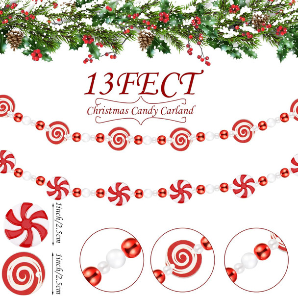 Zeyune 2 Pcs 13 Feet Christmas Candy Garlands Christmas Tree Garland Decorations Peppermint Beaded Candy Hanging Garland for Xmas Tree Wreaths Fireplace Holiday Party Supplies Home