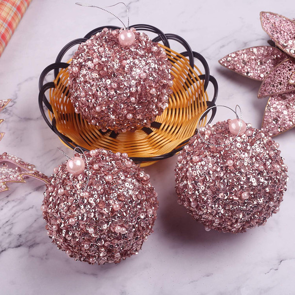 4.25" Christmas Ball Ornaments 4pc Set Rose Gold Shatterproof Christmas Decorations Tree Balls for Xmas Trees Wedding Party Holiday Decorations Tabletop Small Trees Decoration (Rose Gold)