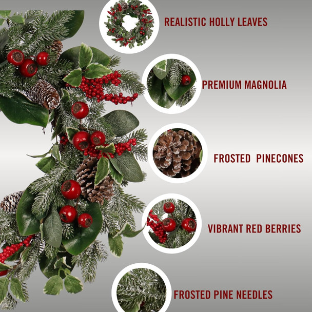 24-Inch Christmas Wreath for Front Door - Artificial Holiday Wreath with Frosted Pinecones, Red Berries, Holly Leaves, and Greenery - For Indoor & Outdoor Winter Decorations, Xmas Wall Décor