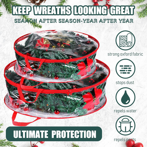 Zhengmy 4 Pack 30" 24" Wreath Storage Container Clear Christmas Wreath Storage Bags with Handle and Dual Zipper Plastic Decorative Wreath Protector for Xmas Seasonal Holiday Wreath Garland(Red)