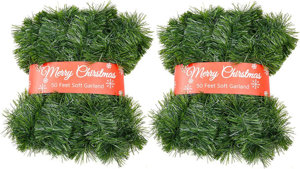 2 Pack 50 Foot Soft Christmas Garland, Non-lit Christmas Garland Ideal for Indoor and Outdoor Decor, Green Tinsel Garland for Holiday Wedding Party Decoration