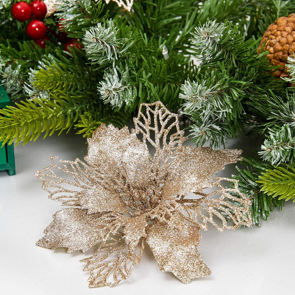 Zhenrui 12 pcs 6” Christmas Poinsettia Flower, Glitter Poinsettia Tree Ornaments, Champagne Artificial Flower Decorating Wreath Garland, Great for Wedding Holiday and Home Decor, with Stems