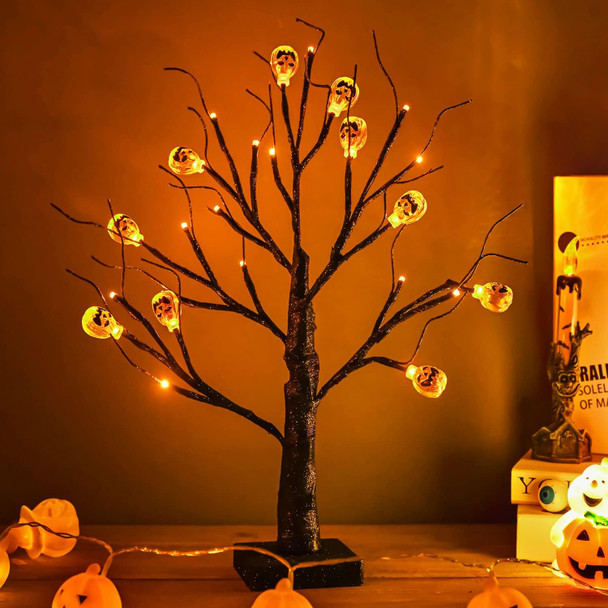 2Pack Halloween Tree, Black Spooky Tree with 24LED Orange Lights and 10 Pumpkin Ornaments Battery Powered 18IN Lighted Halloween Bonsai Tree for Indoor Tabletop Halloween Party Decoration