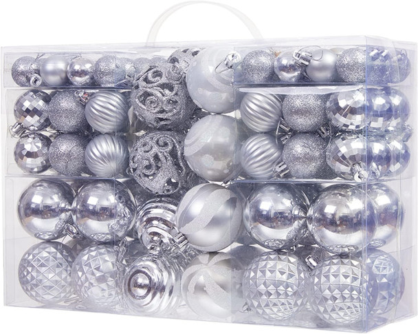 100PCS Christmas Ball Ornaments, Assorted Shatterproof Christmas Tree Decorations, Seasonal Decorative Hanging Baubles Decor Set for Xmas/Holiday/Party, Glitter&Painting Ornament Set (Silver)