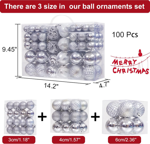 100PCS Christmas Ball Ornaments, Assorted Shatterproof Christmas Tree Decorations, Seasonal Decorative Hanging Baubles Decor Set for Xmas/Holiday/Party, Glitter&Painting Ornament Set (Silver)