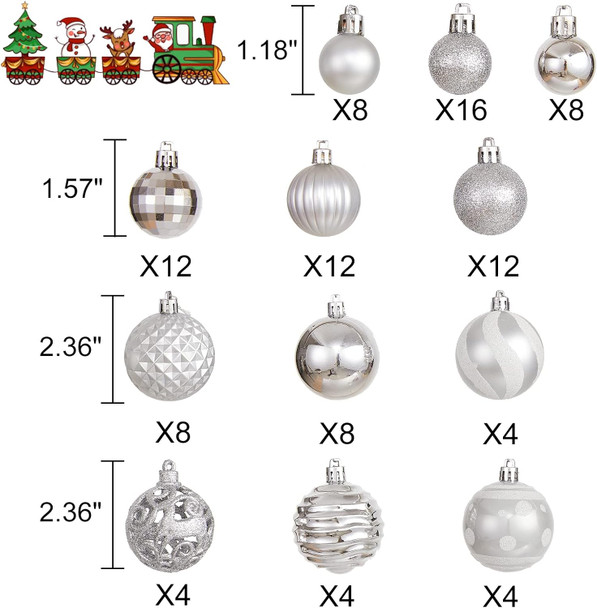 100PCS Christmas Ball Ornaments, Assorted Shatterproof Christmas Tree Decorations, Seasonal Decorative Hanging Baubles Decor Set for Xmas/Holiday/Party, Glitter&Painting Ornament Set (Silver)