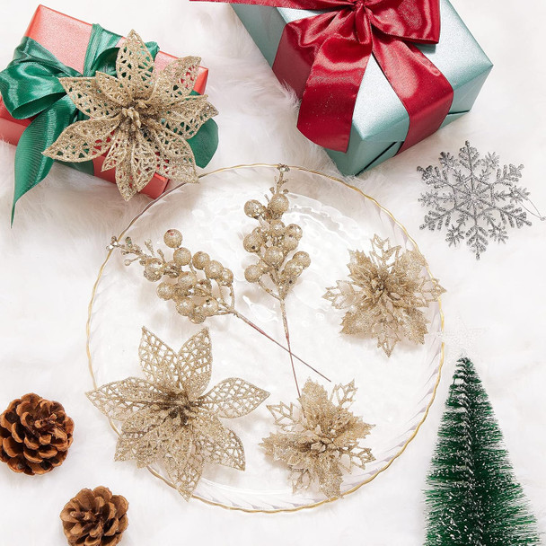 Zhuqing 22Pcs Christmas Poinsettia Artificial Flowers and Glitter Berries Stems Kit, 16Pcs Christmas Tree Flowers Ornaments and 6 Pack Christmas Tree Picks for Wedding Holiday Decorations (Champagne)
