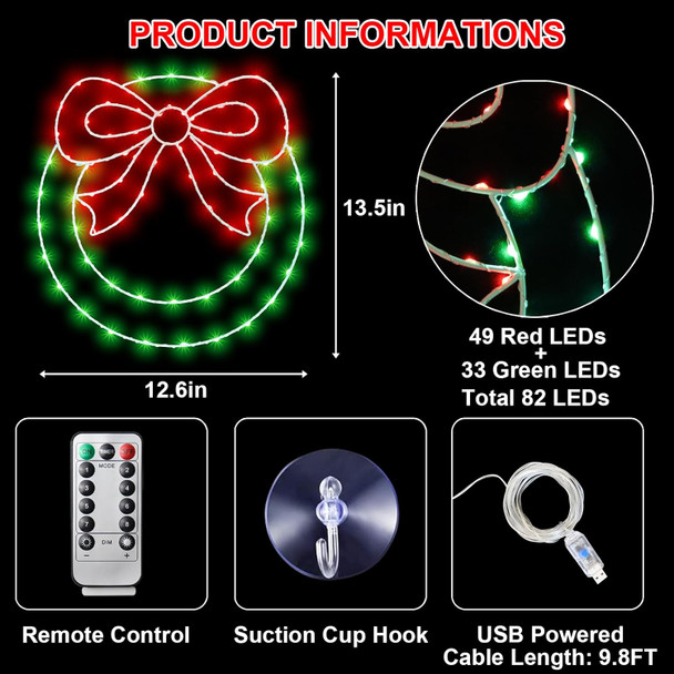 Christmas Wreath Window Lights Decorations, 13.5 in 82LEDs Christmas Wreath Lights with Bow, Timer Remote Control USB Powered Window Silhouette Lights for Door Home Wall Winter Xmas Party Decor