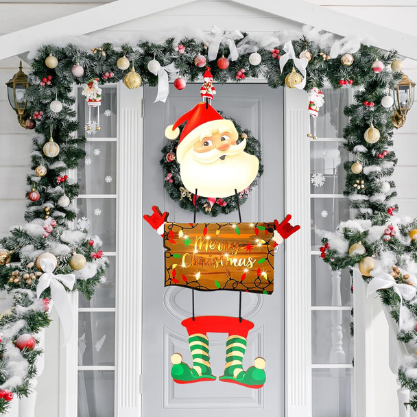 Christmas Hanging Decor, Charming Santa Claus Wooden Door Sign, Light-up Merry Christmas Sign,Winter Advent Xmas Decoration for Indoor Walls, Windows and Outdoor Hallways (Batteries Not Included)