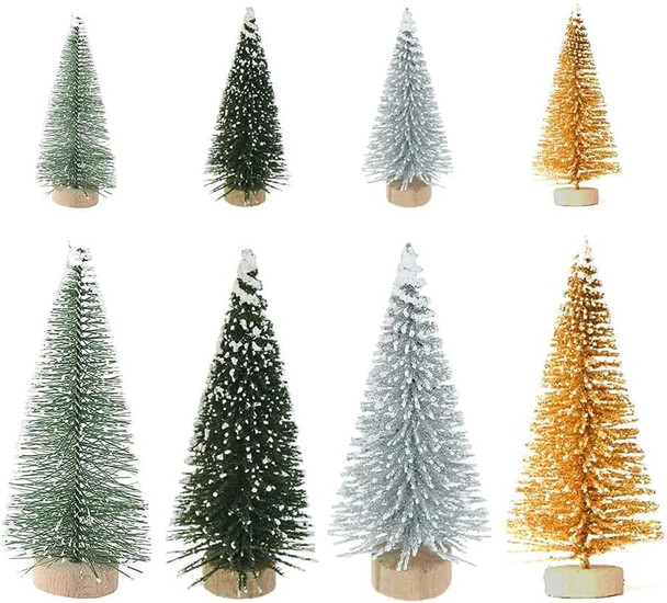 Miniature Pine Trees 8 Pcs Sisal Frosted Christmas Trees Snow-Covered with Wood Base Christmas Tree Set Tabletop Trees for Miniature Scenes, Christmas Crafting and Designing, Mixed Size