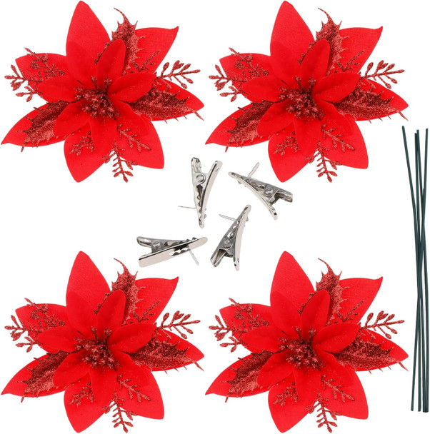 4 Pcs 5.5 Inch Christmas Poinsettia Artificial Flowers Glitter Red with Clips Stems Christmas Tree Holiday Wreath Ornaments Home Party Decor