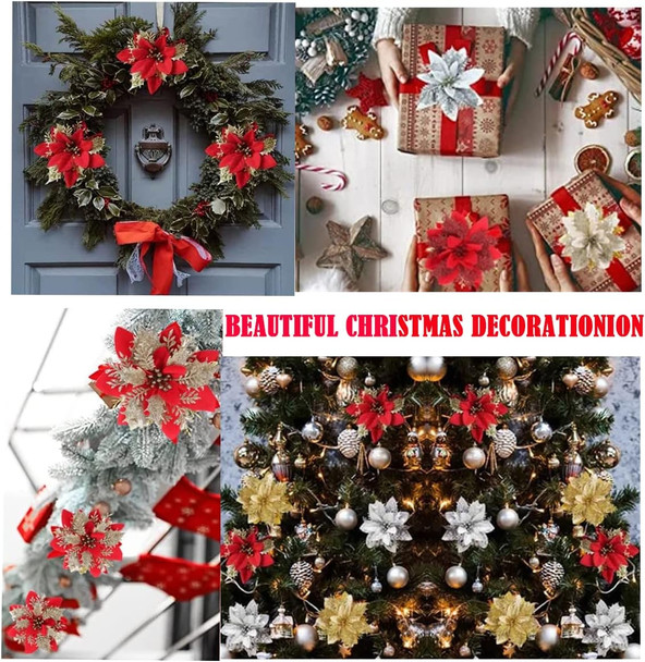 4 Pcs 5.5 Inch Christmas Poinsettia Artificial Flowers Glitter Red with Clips Stems Christmas Tree Holiday Wreath Ornaments Home Party Decor
