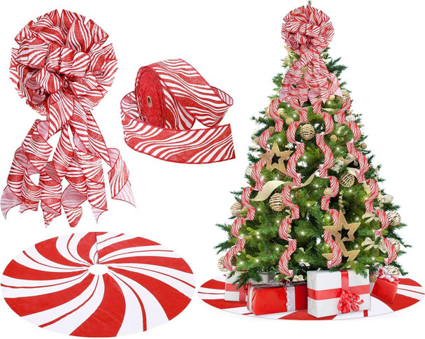 Christmas Tree Decoration Set Include Christmas Tree Topper Bow, Decorative Strips Ribbon, Christmas Tree Skirt with Annual Ring for Farmhouse, Wreath Crafts Decorations (Candy Style,47 Inch)