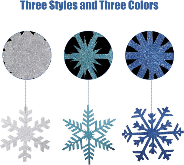 3 Pieces Snowflake Glittery String Garland White Blue and Light Blue Snowflake Banner Snowflake Hang Decoration for Christmas Holiday Party, Winter Carnival, Ice-and-Snow Themed Gatherings