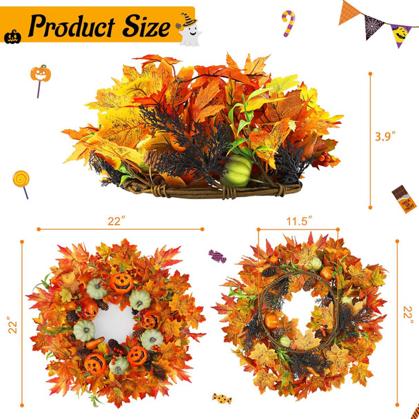 22 Inch Fall Wreath for Front Door Outside, ZOXILEN Pumpkin Wreath with Berries Maple Leaves Pine Cones, Fall Harvest Wreaths Autumn Farmhouse Wreath for Thanksgiving Christmas Indoor Outdoor Decor