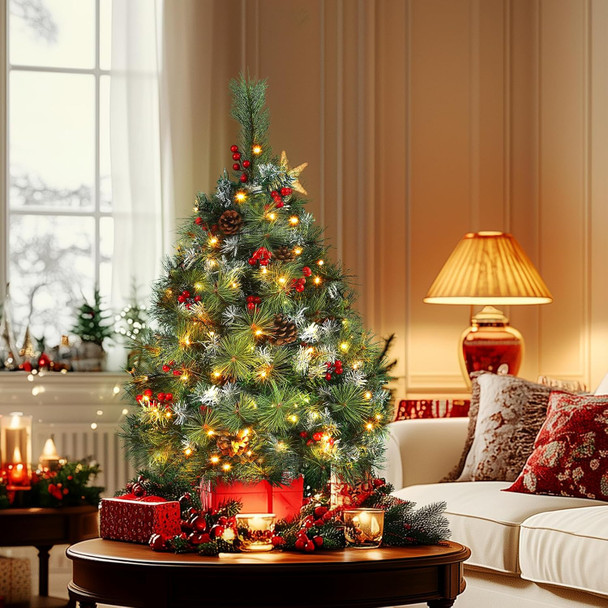 3FT Christmas Tree - Flocked Xmas Tree with 70 LED Lights & 8 Modes, Lifelike Pine Branches, Decorated with 10 Red Berries & 10 Pine Cones, Small Tabletop Christmas Tree for Home Apartment Office Dorm 3FT Christmas Tree - Flocked Xmas Tree with 70 LED Lights & 8 Modes, Lifelike Pine Branches, Decorated with 10 Red Berries & 10 Pine Cones, Small Tabletop Christmas Tree for Home Apartment Office Dorm