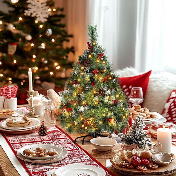 3FT Christmas Tree - Flocked Xmas Tree with 70 LED Lights & 8 Modes, Lifelike Pine Branches, Decorated with 10 Red Berries & 10 Pine Cones, Small Tabletop Christmas Tree for Home Apartment Office Dorm 3FT Christmas Tree - Flocked Xmas Tree with 70 LED Lights & 8 Modes, Lifelike Pine Branches, Decorated with 10 Red Berries & 10 Pine Cones, Small Tabletop Christmas Tree for Home Apartment Office Dorm