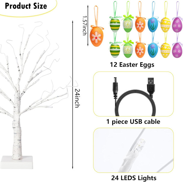 24" Easter Lighted Birch Tree with 12pcs Ornaments,Warm White LEDs Birch Tree Light Tabletop Artificial Tree 8 Lighting Modes USB or Batteries Operated with Timer for Easter Decor