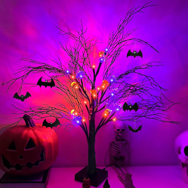24Inch Black Halloween Spooky Tree with Purple & Orange Lights,Lighted up Halloween Decorations,Halloween Tabletop Decor with Pumpkin & Bat Ornaments for Indoor Home Party Deco