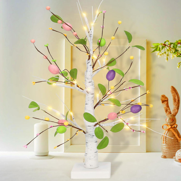 23in Easter Tree with Lights Pre-lit Easter Eggs Tree Tabletop Decor,Lighted Birch Tree Easter Tabletop Centerpieces Decorations,Artificial Easter Eggs Tree for Home Easter Spring Decoration