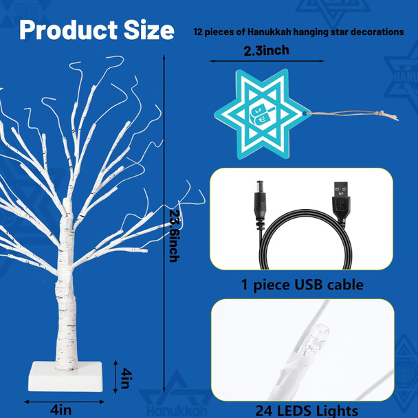 24'' Hanukkah LEDs Lighted Birch Tree with 12pcs Ornaments,Blue Lights Tabletop Pre Lit Tree Light for Christmas Hanukkah Decor