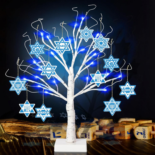 24'' Hanukkah LEDs Lighted Birch Tree with 12pcs Ornaments,Blue Lights Tabletop Pre Lit Tree Light for Christmas Hanukkah Decor