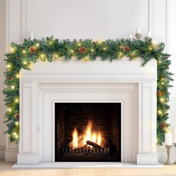 9FT Prelit Christmas Garland - with Pine Cone, Battery Operated Garland with Timer, Artificial Holiday Decor for Mantle Stairs Door Indoor Outdoor