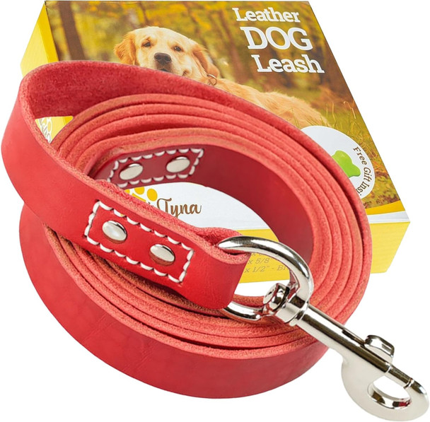 Heavy Duty Leather Dog Leash 6Ft - Strong And Soft Leather Leash For Large And Medium Dogs - Dog Training Lead (Red, L - 6 Ft X 3/4 Inch)