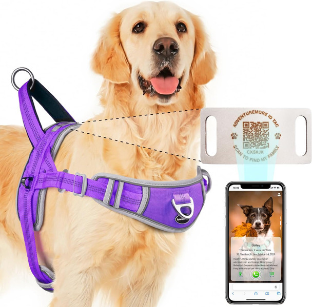 Adventuremore Dog Harness For Large Dogs No Pull With Qr Code Dog Tag, Adjustable Reflective Breathable Dog Vest Harness With Easy Control Front Clip Handle For Training Walking Xxl Purple
