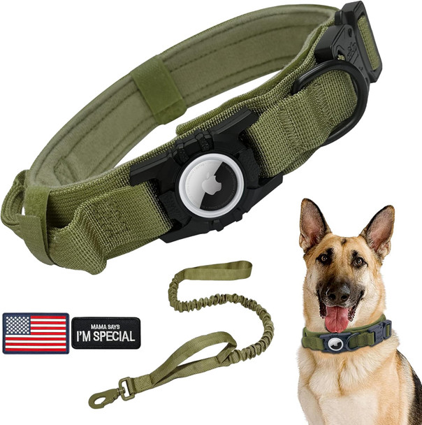 Tactical Airtag Dog Collar Leash Set, Heavy Duty Dog Collar, Adjustable Gps Dog Collar Compatible With Apple Airtag, Dog Collar With Airtag Holder And Control Handle For Medium Large Dogs [Green, Xl]