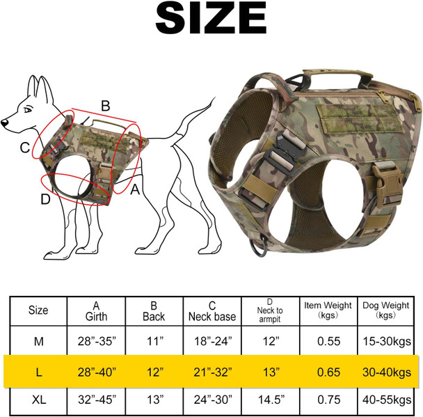 Tactical Dog Harness For Medium And Large Dogs No Pull Adjustable Dog Vest For Training Walking Military Dog Harness With Handle Service Dog Vest With Molle Panels Camouflage,L,With 2 Pouches