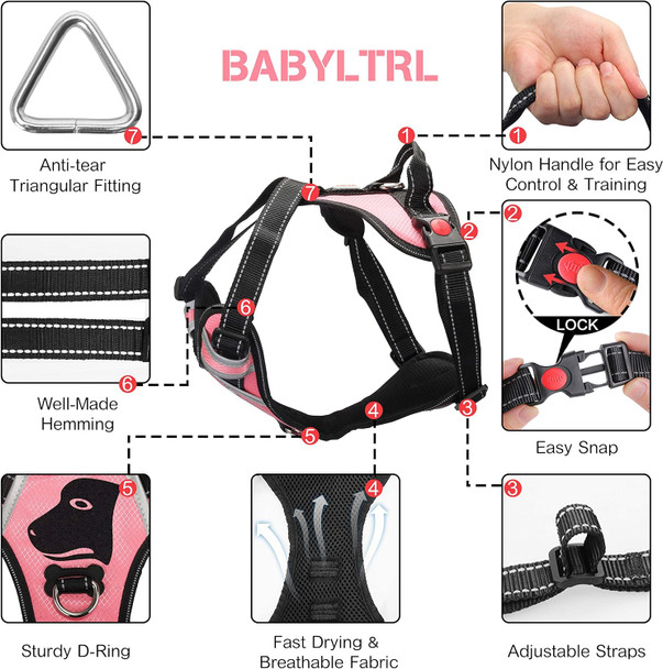 Babyltrl Big Dog Harness No-Pull Anti-Tear Adjustable Pet Harness Reflective Oxford Material Soft Vest For Medium Large Dogs Easy Control Harness (M, Pink)
