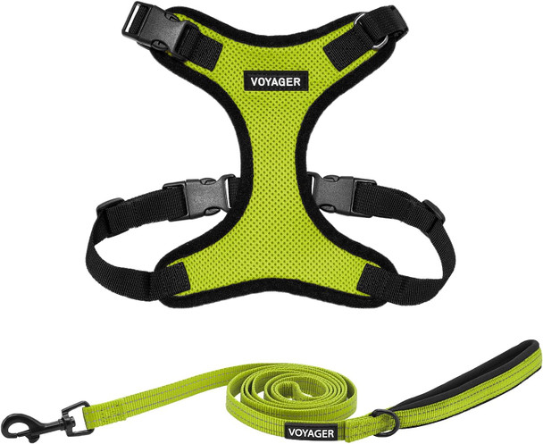 Voyager Step-In Lock Dog Harness W Reflective Dog Leash Combo Set With Neoprene Handle 5Ft - Supports Small, Medium And Large Breed Puppies/Cats By Best Pet Supplies - Lime Green/Black Trim, Xs
