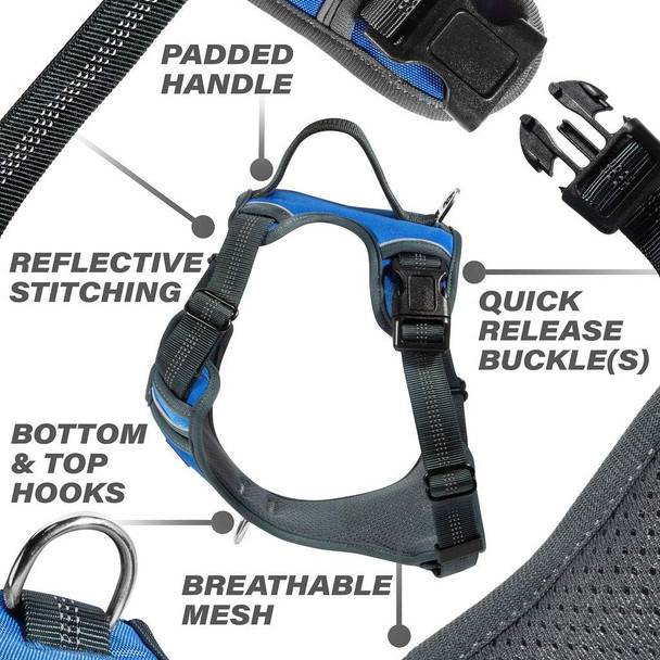 Black Rhino - The Comfort Dog Harness With Mesh Padded Vest For Small - Large Breeds Adjustable Reflective 2 Leash Attachments On Chest & Back - Neoprene Padded Training Handle (Medium, Blue/Gr)