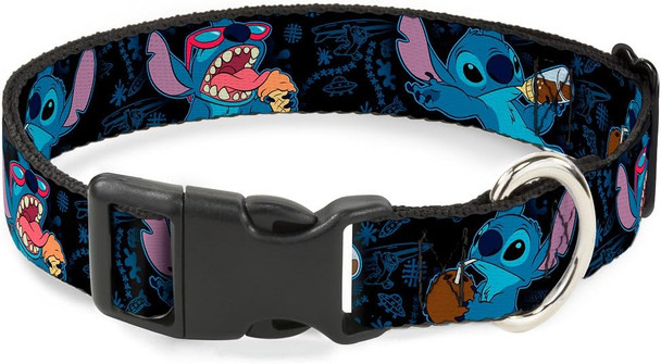 Buckle-Down Stitch Snacking Poses Black/Blue Plastic Clip Collar, Medium/11-17