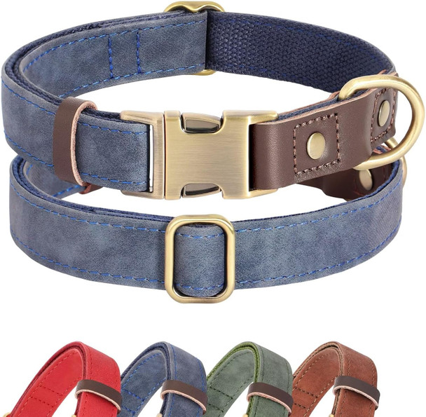 Didog Soft Padded Leather Dog Collar For Large Dogs, Classic Heavy Duty Dog Collars With Quick Release Metal Buckle, Adjustable Large Dog Collar Leather,Blue,L