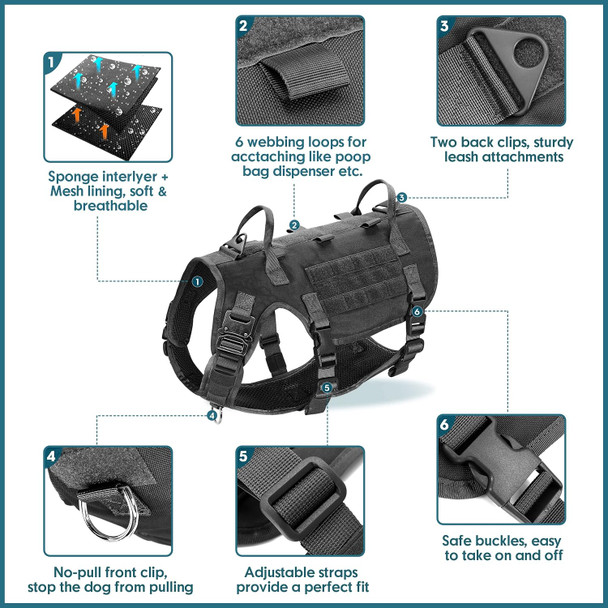 Didog Tactical Dog Vest Harness, No Pull Military Dog Harness With 2 Handles，Adjustable & Escape Proof Training Vest For Medium Large Dogs, Black L