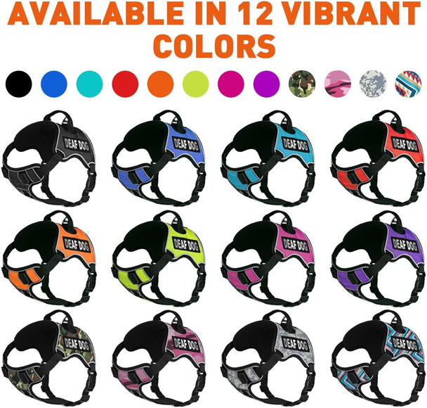 Dogline Quest No-Pull Dog Harness With Deaf Dog Reflective Removable Patches Reflective Soft Comfortable Dog Vest With Quick Release Dual Buckles Black Hardware And Handle 36 To 45 Inches Purple