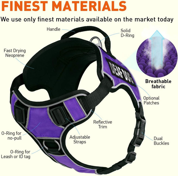 Dogline Quest No-Pull Dog Harness With Deaf Dog Reflective Removable Patches Reflective Soft Comfortable Dog Vest With Quick Release Dual Buckles Black Hardware And Handle 36 To 45 Inches Purple