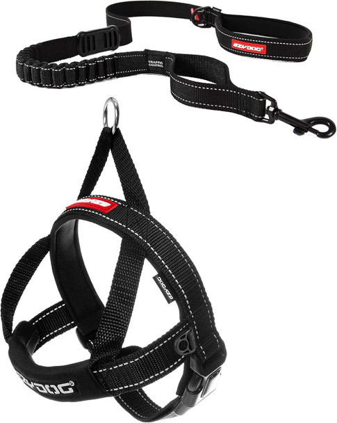 Ezydog Quick Fit No Pull Adjustable Harness Vest (Large, Black) And Ezydog Zero Shock Leash - Shock Absorbing, Control & Training Lead (48 Black)