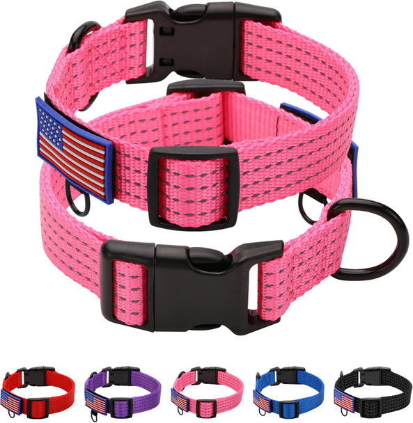 Dog Collar, Adjustable Reflective Nylon Dog Collars With Heavy Duty Buckle For Medium Large Dogs With Patches(Pink,Xl)