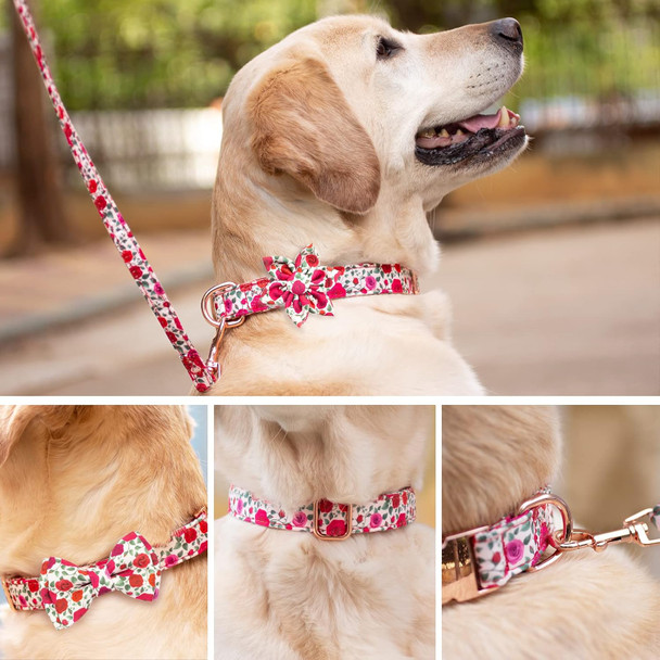Dog Collar And Leash Set With Flower Bow Tie Girls Dog Collar Dog Tag Metal Buckle Adjustable For Small Medium Large Dogs Red Roses-S
