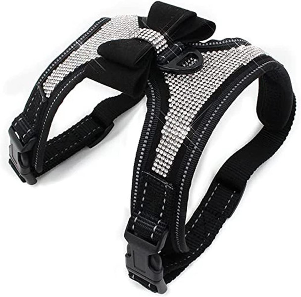 Dog Harness With Rhinestone Reflective, Cute Bling Ties Dog Harness Dog Leash, Reflective Chest Strap With Shiny Bow