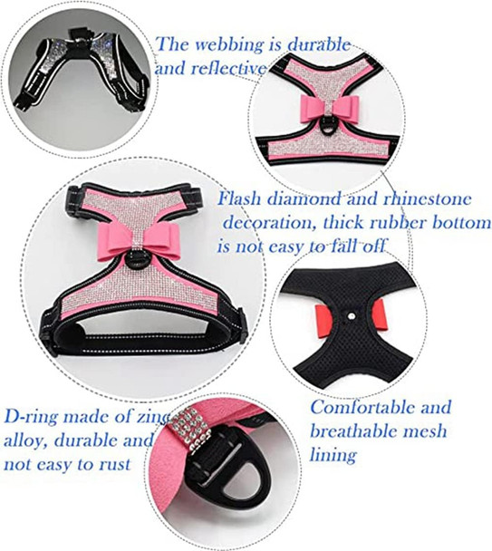 Dog Harness With Rhinestone Reflective, Cute Bling Ties Dog Harness Dog Leash, Reflective Chest Strap With Shiny Bow